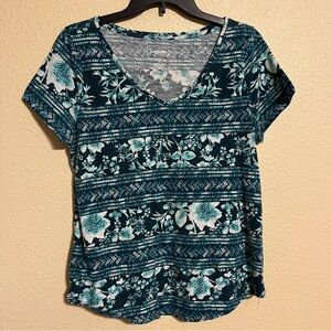 Sonoma Women’s M Green w/ White Floral & Stripes Abstract Print Short Sleeve Tee